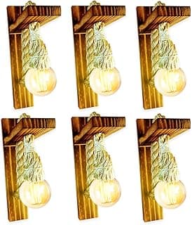 Kit 6 luminárias de parede madeira retrô rústica com luzes incandescentes