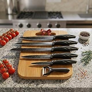 Kit de facas de chef 6 peças aço inox preto com tábua de corte