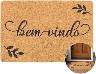 Tapete de entrada bege com texto bem-vindo e folhas estilizadas