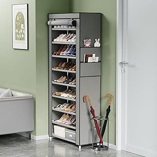 Sapateira vertical cinza com 10 andares, para quarto e closet, proteção contra poeira, montagem sem ferramentas.
