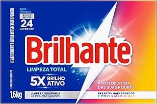 Caixa de sabão em pó Brilhante Limpeza Total 1,6 kg, azul e vermelho