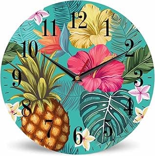 Relógio de parede redondo azul com abacaxi e flores de hibisco