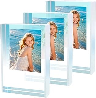 Três porta-retratos de acrílico para decoração de mesa com fotos de praia