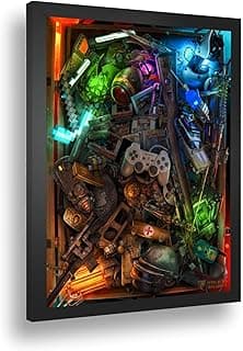Quadro decorativo com coleção de itens de videogame retro