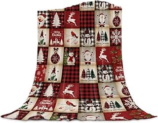Cobertor xadrez vermelho com motivos de Natal, Papai Noel, bonecos de neve e árvores de Natal