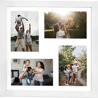 Porta retrato branco com quatro fotos de famílias em diferentes ambientes
