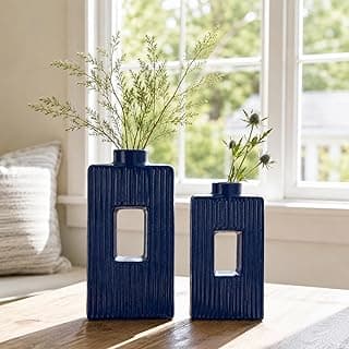 Conjunto de 2 vasos de cerâmica azul com design rústico, estilo boho nórdico, para decoração de casa.