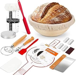 Kit completo para assar pão com cesta Banneton, pão acabado e ferramentas de padaria