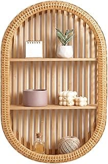 Vercraft Prateleira de parede de vime 3 níveis Boho prateleira montada na parede 40 cm x 60 cm Prateleiras flutuantes em arco de bambu para decoração de sala de estar, casa, quarto, armazenamento