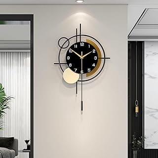 Relógio de parede para decoração de sala de estar, relógio de parede decorativo com pêndulo, quartzo silencioso, operado por bateria, relógio grande de metal preto para sala de jantar