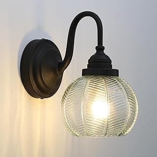 Luminária de parede vintage com cúpula de vidro nervurado transparente e base preta