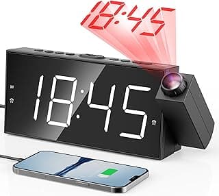 Relógio digital com projetor de tempo na parede, visor LED, alarme duplo, preto