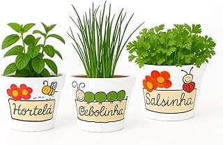 Kit de 3 vasos de barro decorativos para condimentos com plantas verdes - Hortelã, Cebolinha e Salsinha