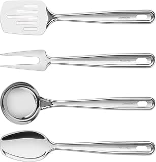 Conjunto de utensílios de cozinha Tramontina em aço inoxidável com quatro peças, incluindo espátula, espeto, colher e concha, em fundo branco.