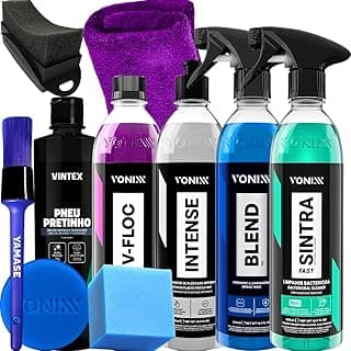 Kit Produtos Para Limpeza Automotiva Vonixx com sprays V-Floc, Intense, Blend, Sintra, cera, pano e esponja