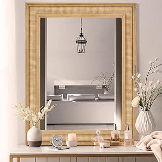 Espelho de parede retangular WallBeyond com moldura de rattan e madeira, decoração de interiores