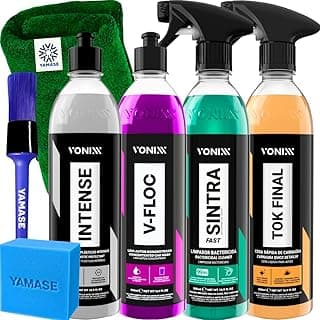 Kit de limpeza automotiva com sprays Vonixx V-floc, Intense, Sintra Fast e Tok Final, pano verde, pincel e esfregão
