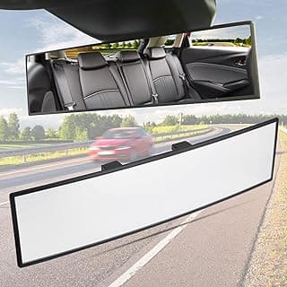 Espelho retrovisor convexo de 30 cm montado no carro, refletindo o interior e a estrada à frente.