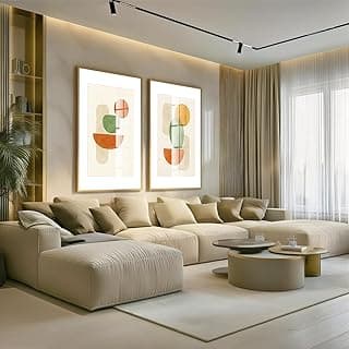 Kit de 2 quadros minimalistas para sala de estar com sofá branco e mesa redonda