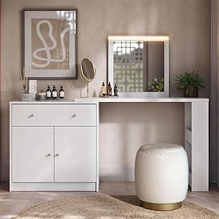 Escrivaninha Penteadeira com LED em L ou Reta Aura 160cm Branco Fosco Branco Fosco