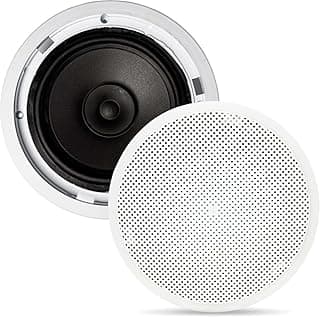 Caixa acústica redonda 140W para teto, alto-falante branco e preto, grelha de pontos pretos.
