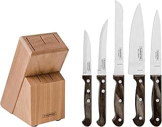 Conjunto de seis facas Tramontina Polywood com lâminas de aço inox e cabos de madeira castanho, bloco de armazenamento incluído.