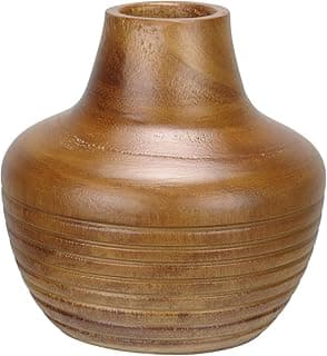 Vaso decorativo de madeira natural com estrias verticais, ângulo frontal, cor marrom claro.