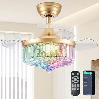 Ventilador de teto retrátil de cristal RGB multicolorido com controle remoto e smartphone