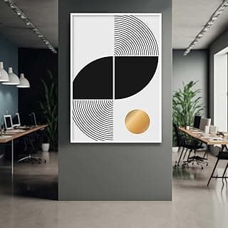 Quadro decorativo grande preto e branco com círculo dourado para sala de escritório