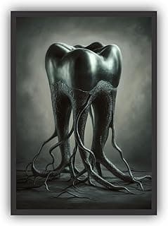 Quadro decorativo de dente com moldura preta, estilo abstrato, preto e cinza