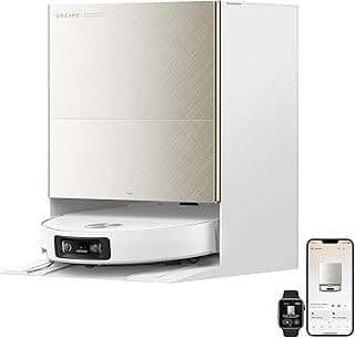 Robô Aspirador DREAME X60 Max Ultra, branco, com compartimento aberto, smartphone e smartwatch ao lado