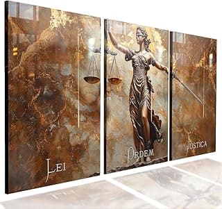 Quadros decorativos com estátua de justiça em fundo marrom, palavras 'LEI', 'ORDEM' e 'JUSTIÇA'.
