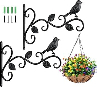 Kit 2 suportes de parede metálicos pretos para plantas e pássaros com vaso suspenso de flores
