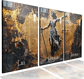 Quadro decorativo com estátua da justiça em fundo dourado e marrom