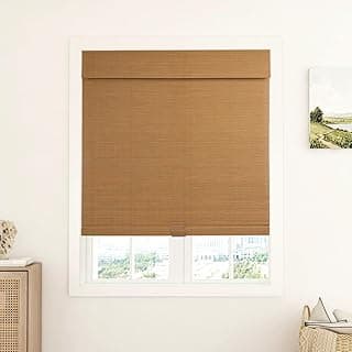 LUSTROWIN Persianas romanas de bambu natural - Persianas de janela com filtro de luz sem fio com sanefa para casa, cozinha, quarto - 56 cm L x 162 cm C, marrom - material de madeira real, ferragens