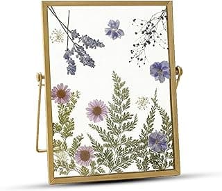 Moldura de foto flutuante com flores secas e folhas verdes, moldura dourada, fundo branco