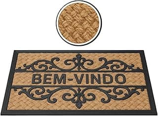 Tapete retangular de fibra natural trançada com borda preta, texto 'BEM-VINDO', fundo marrom, design decorativo.