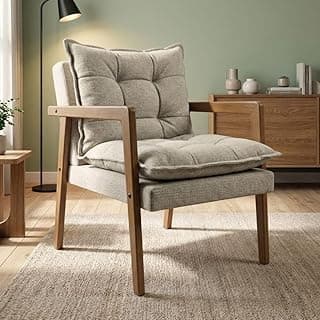 Poltrona em Madeira Maciça Confortável Sala de Estar para Sala com Design Elegante Estilo Retrô Estofado tecido linho Estrutura em Madeira Natural Design Elegante e Confortável MOBLAN decor (CINZA)