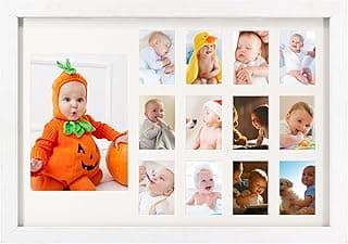 GMFrames Porta-retrato para 12 meses, porta-retratos para bebês primeiros anos escolares, colagem de fotos de formatura, moldura horizontal branca com tapete, exibe uma foto de 10 x 15 cm e doze
