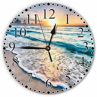 Relógio de parede ondulado à beira-mar, 25 cm, operado por bateria, oceano, tropical, praia, pôr do sol, anoitecer, azul, verão, havaiano, silencioso, sem tique-taque, moderno, decorativo, para casa,