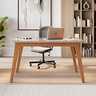 Escrivaninha com mesa de escritório de madeira maciça com tampo de vidro, cinamamo e off-white, laptop Apple aberta