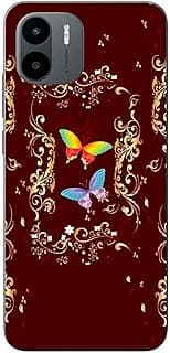Capa adesiva para smartphone Xiaomi Redmi A2 2023 com design de borboletas coloridas e padrão ornamental dourado.