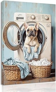 Quadro em tela arte de parede cão dentro de máquina de lavar roupa cestos de roupas