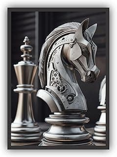 Quadro decorativo de xadrez com cavalo mecânico e peças prateadas