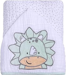 Toalha de banho infantil com capuz, estampa de dinossauro verde, fundo branco com pontos verdes.