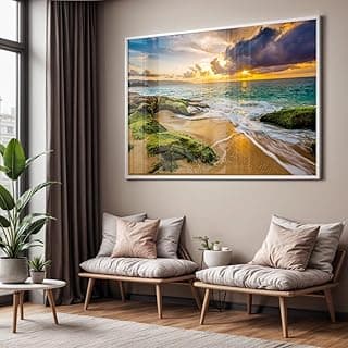 Quadro decorativo paisagem praia por do sol com moldura e vidro acrílico