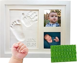 Kit de porta-retrato de lembrança de mão e pegada de bebê - Personalize-a com estêncil de bônus! Argila não tóxica, moldura de madeira para parede/mesa. Registro perfeito, chá de bebê, nova mãe, e recém-nascido!