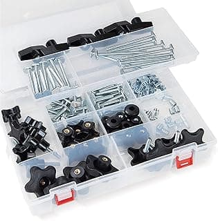 Kit POWERTEC de 128 peças com manípulos de trilho T, botões, parafusos e arruelas em caixa plástica.