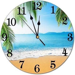 Relógio de parede redondo tropical com palmeiras, praia e oceano. Design silencioso.