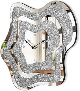 Relógio de parede espelhado com diamantes triturados de cristal, design irregular, prateado e branco.